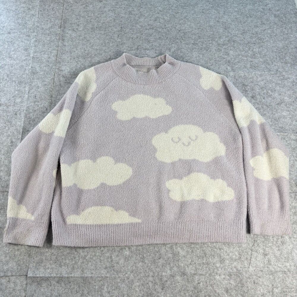 Unbranded Lavender Ivory Cloud Print Fuzzy Knit Sweater Oversized Pullover